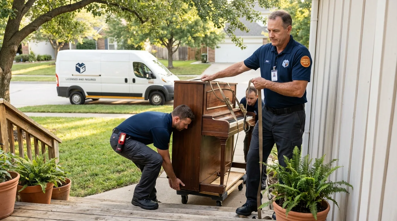 Licensed piano movers securing grand piano in Coal Hill, AR