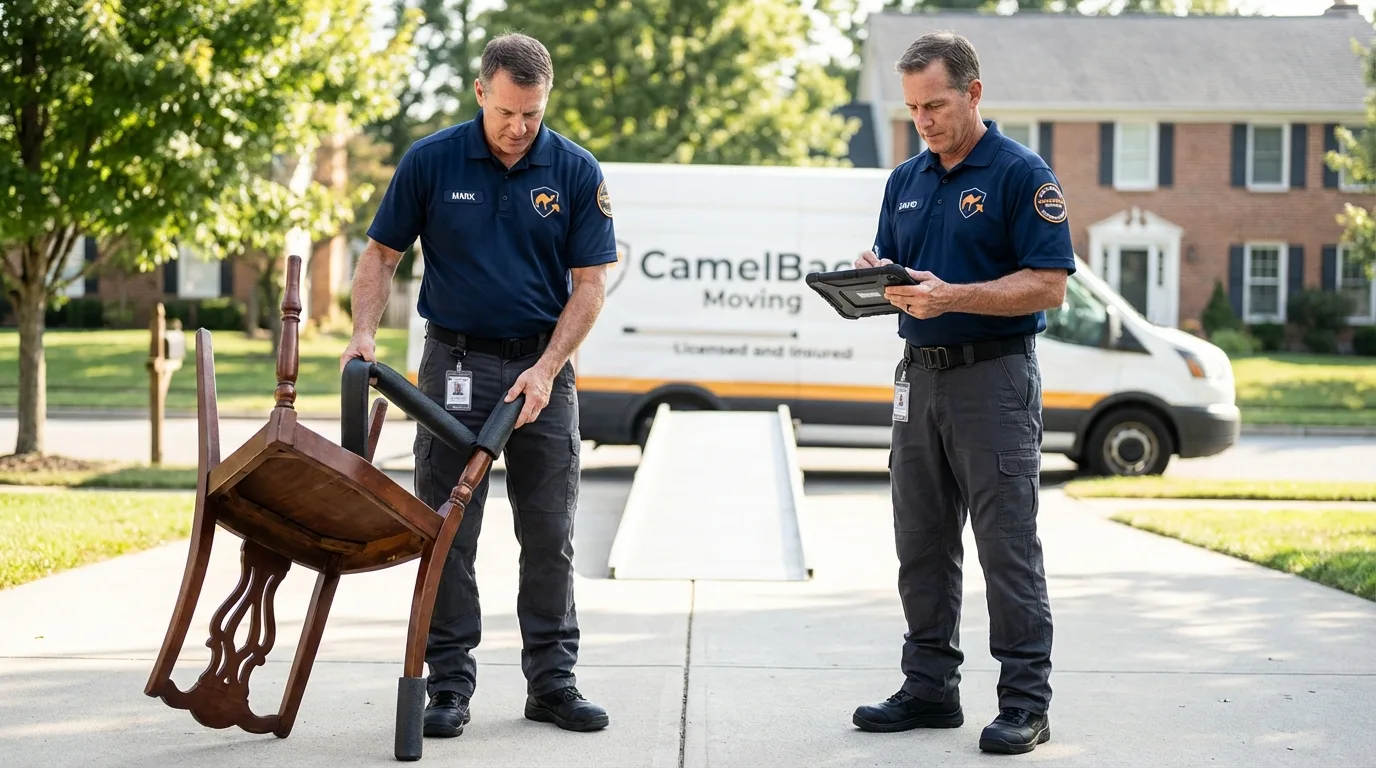 Movers inspecting furniture for damage prevention before loading in Coal Hill, AR